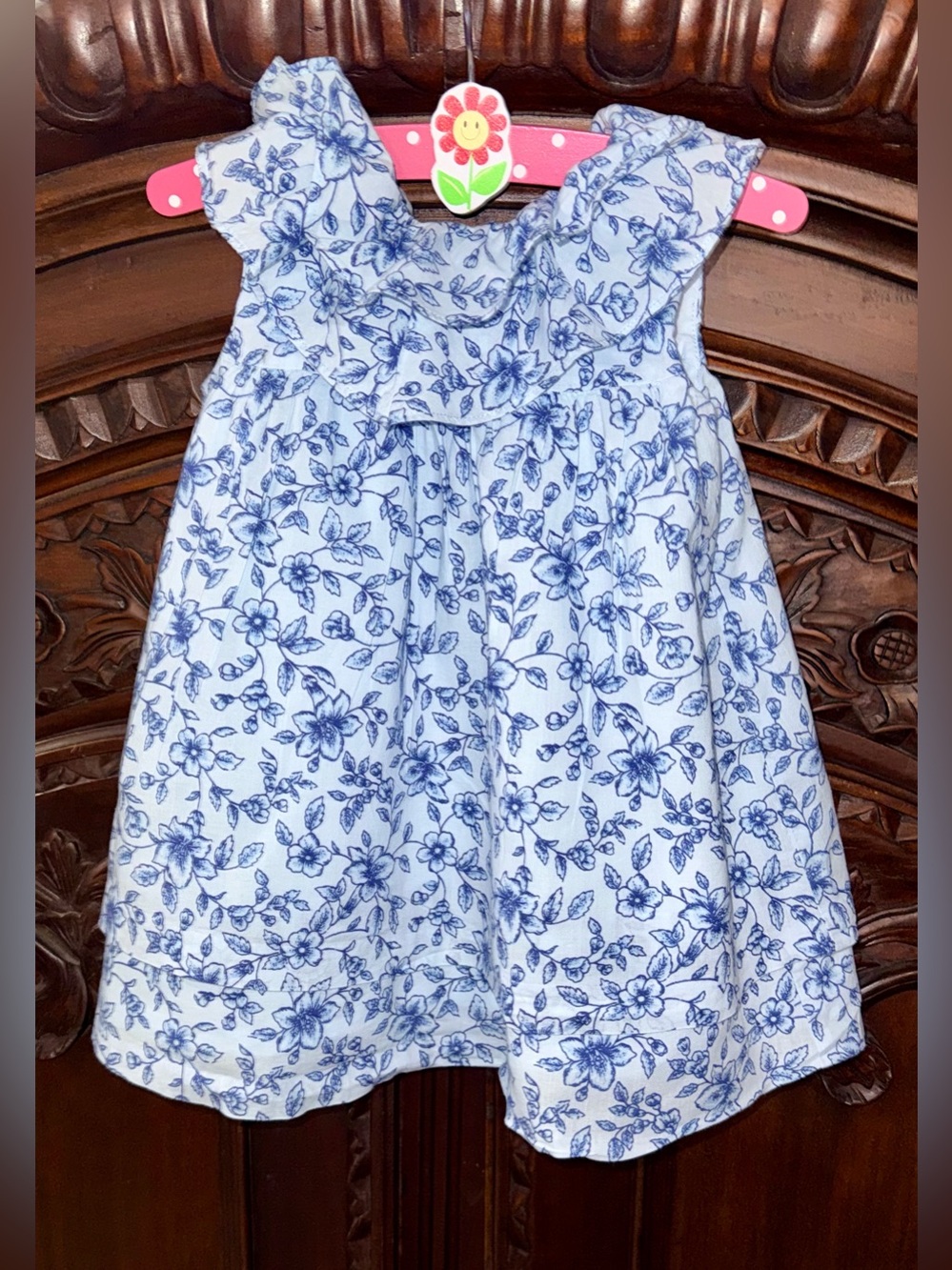 Janie and Jack Blue White Floral Ruffle Dress 12-18M 100% Cotton